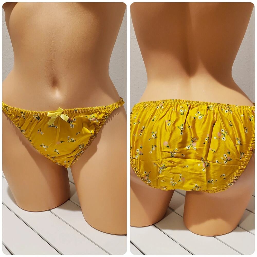 Liquid Satin String Bikini Panty Shiny Double Silk Yellow Little Floral Print